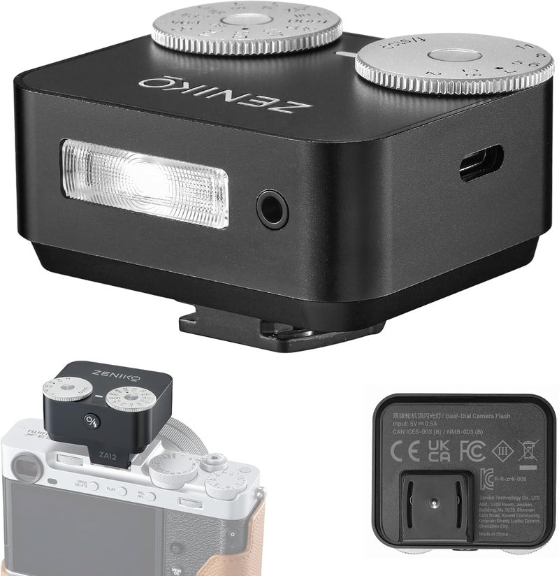 ZENIKO ZA-12B Dual Dial Retro Mini Flash - 2.5s Recycle, 7-Level Power, 400 Shots Single-Contact hotshoe Camera Flash for Fujifilm XM5/XT3, Sony A7M3, Ricoh GR3/4 Camera(Black) - Image 1